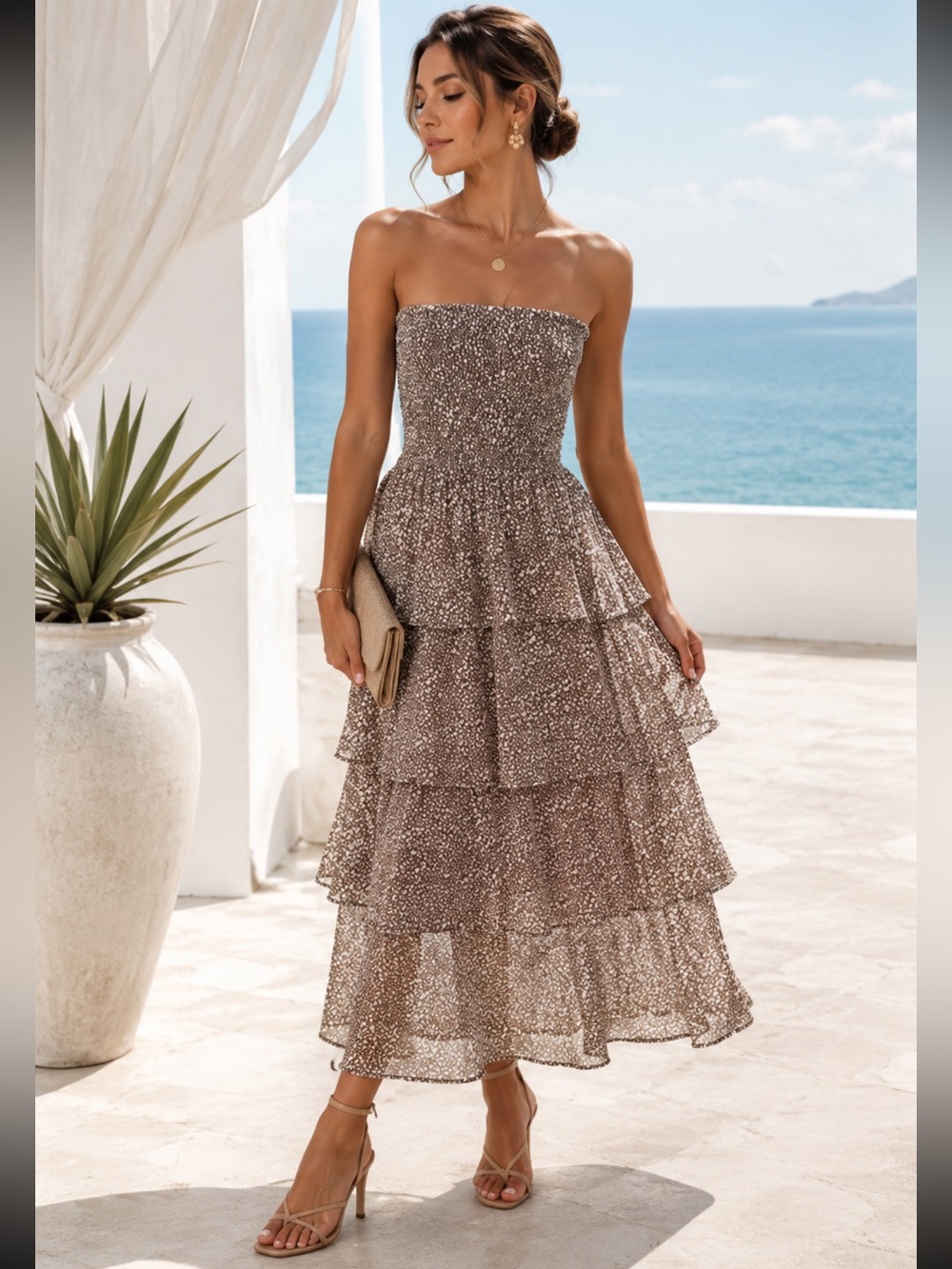 SL Fashions Strapless Tiered Ruffle Maxi Dress Smocked Bodice Size S